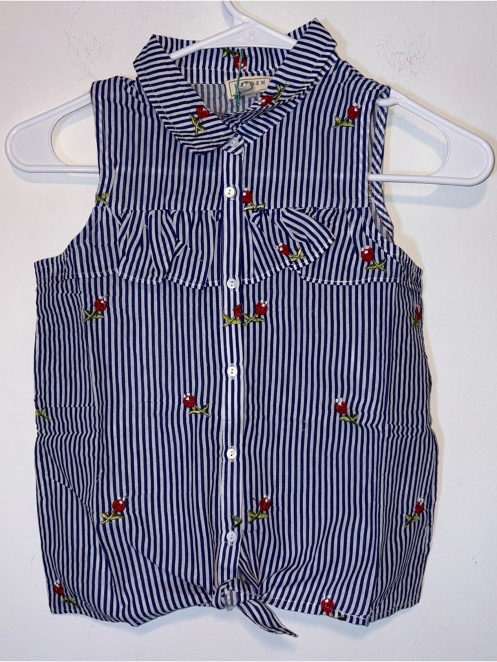 NEW Hayden Girls Size M Striped Ruffle Floral Button Up Sleeveless Top Tie Front